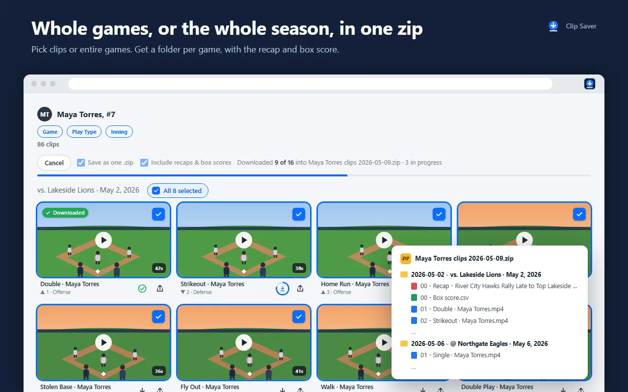 A player's clips selected for bulk download, with the zip's folder-per-game layout shown alongside