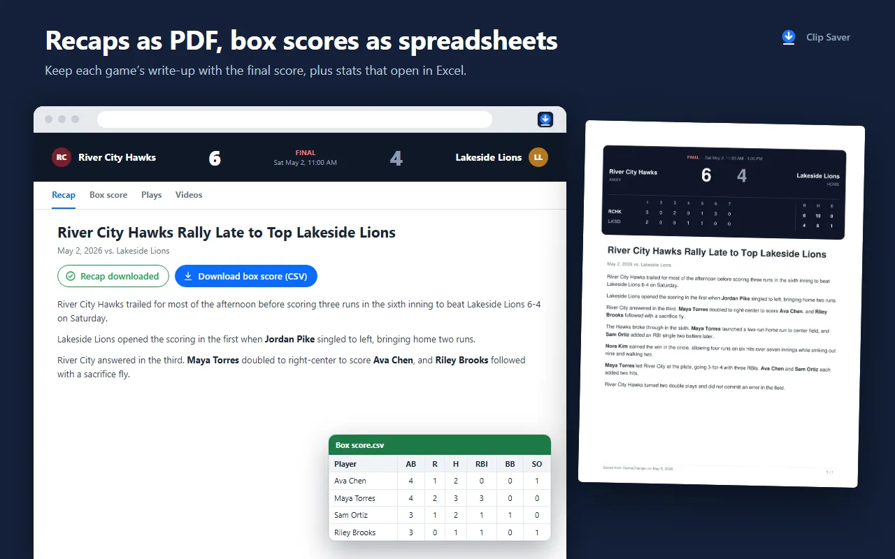 A game recap saved as a PDF next to its box score exported as a CSV spreadsheet